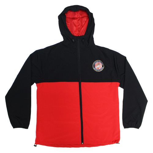 Front view of U.S. Marines Windbreaker Jacket with bold USMC graphics and full zip front.