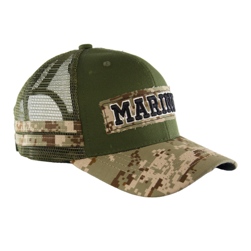 Left side of Camo Tape MARINES Hat showing curved visor, structured front and khaki mesh back.