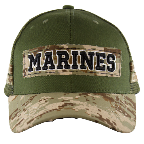 Front view of Camo Tape MARINES Hat with MARPAT digital camo crown and bold MARINES embroidery.
