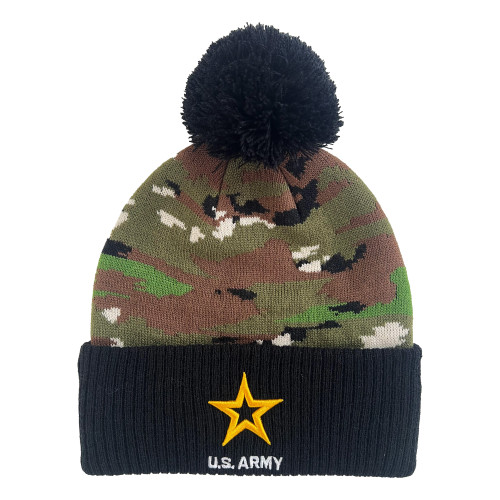 Front view of U.S. Army Camo Beanie with Pom showing camo knit body, black cuff and embroidered Army star with U.S. ARMY text.