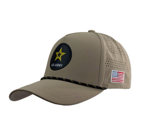Right side view of U.S. Army Perforated Rope Hat highlighting embroidered Army logo, gold rope accent, and ventilated back panels.