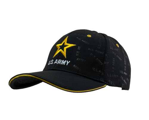 Right side view of U.S. Army Patterned Print Cap featuring embroidered Army star logo and patterned text design.
