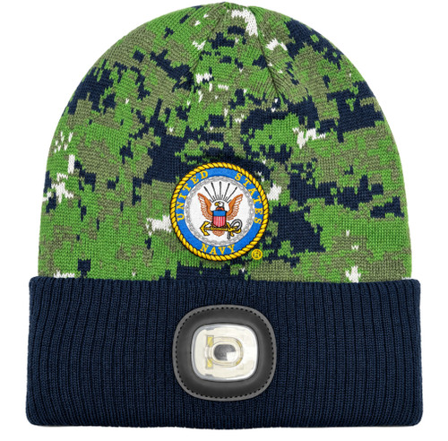 U.S. Navy LED camo beanie with navy cuff and built-in light