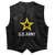 Front view of U.S. Army Leather Vest featuring official embroidered Army logo, snap closure, and premium black leather finish