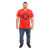 Front view of human model wearing U.S. Marines Solid Color Front Logo T-shirt featuring bold red Marines logo on chest.