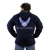 Model wearing the back view of Air Force hooded canvas jacket with bold printed USAF graphic and rugged canvas shell.