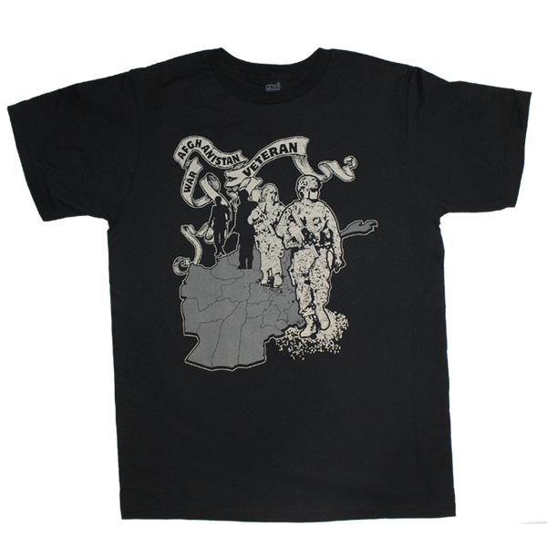 Front view of Afghanistan Veteran Single Color Tee featuring bold printed Afghanistan map and veteran ribbon.