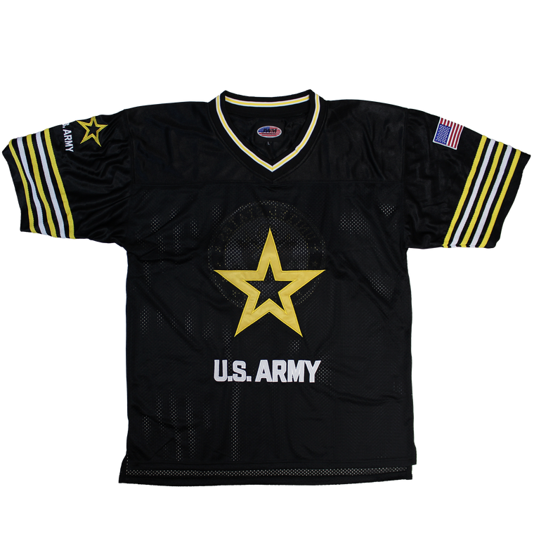 Front view of U.S. Army Football Jersey featuring embroidered Army logo and bold patriotic design on breathable athletic fabric.