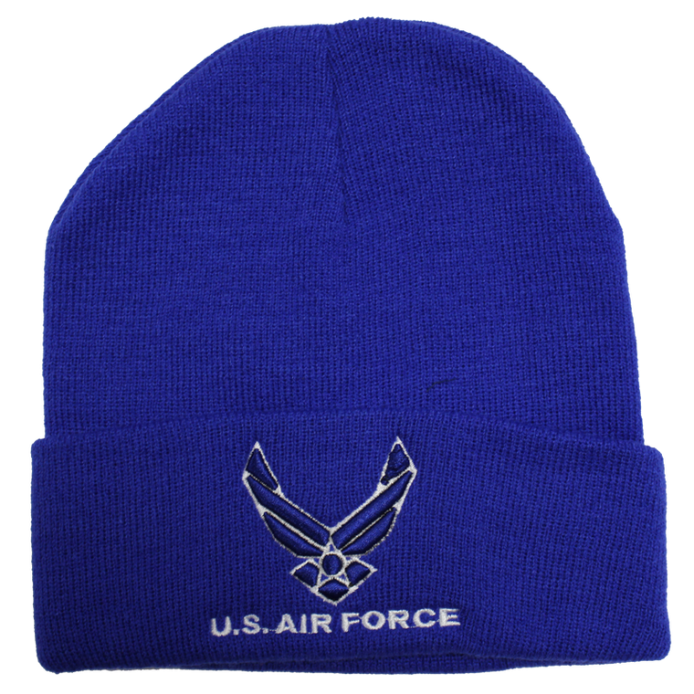 Front view of U.S. Air Force Embroidered Logo Beanie featuring official Air Force emblem stitched on royal blue knit fabric.