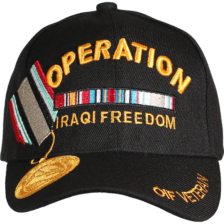 Front view of Operation Iraqi Freedom Veteran Medal Cap featuring embroidered medal ribbon and bold Operation Iraqi Freedom text.