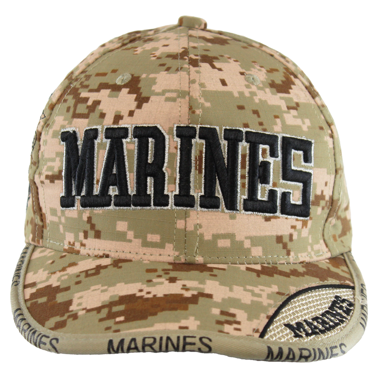 Front view of U.S. Marines Digital Camo Cap featuring 3D embroidered Marine Corps logo and bold Marines text.