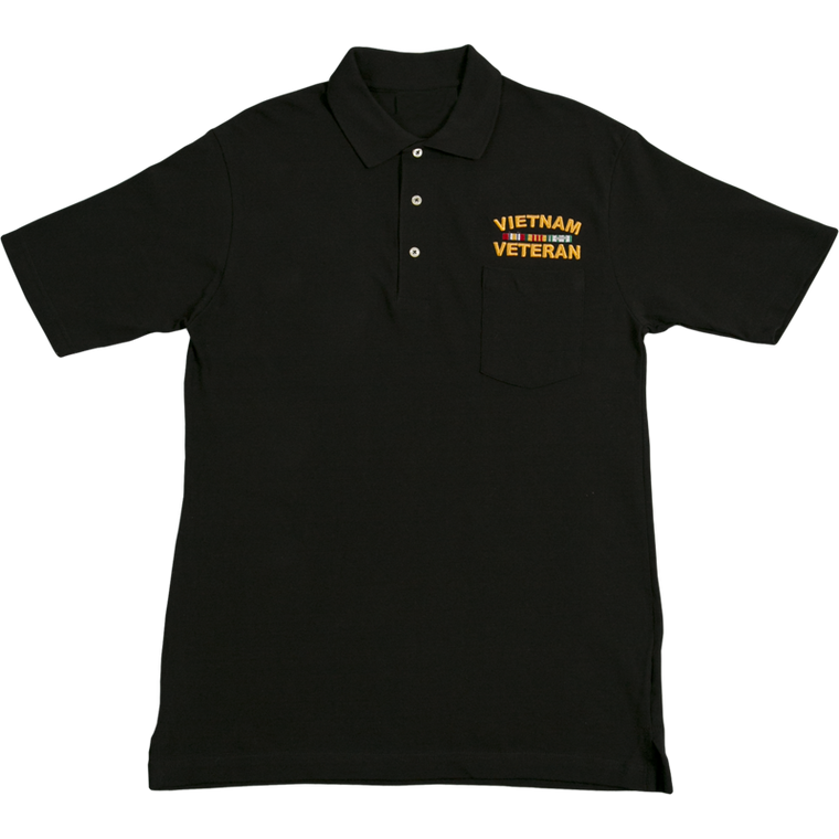 Front view of Vietnam Veteran Black Pocket Golf Shirt with embroidered Vietnam Veteran logo and service ribbon above left chest pocket.