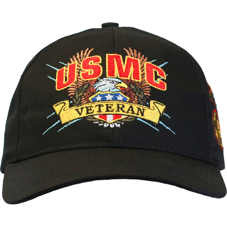 Front view of Made in the USA U.S. Marines Veteran Cap featuring embroidered Marine Corps emblem and Veteran text.