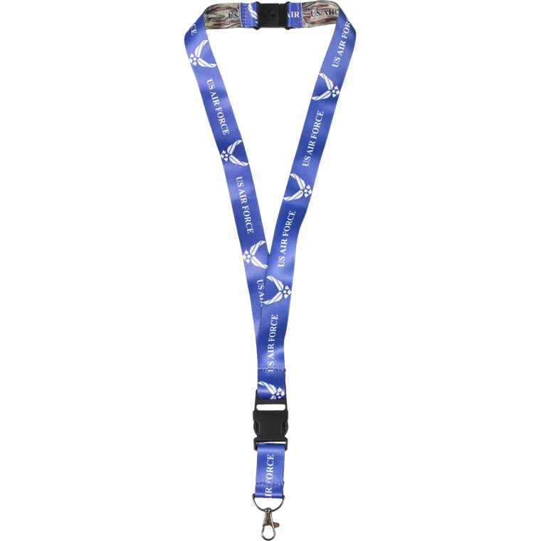 Front view of U.S. Air Force Lanyard featuring bold Air Force logo and double-sided printed design.