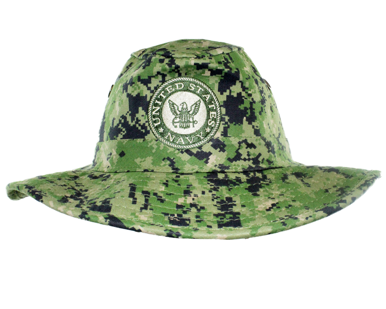 Front view of U.S. Navy Digital Camo Military Hunter Hat featuring embroidered Navy logo.