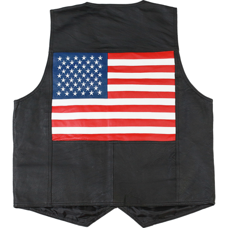 Back view of Leather Vest – U.S. Flag showing large embroidered American flag patch.