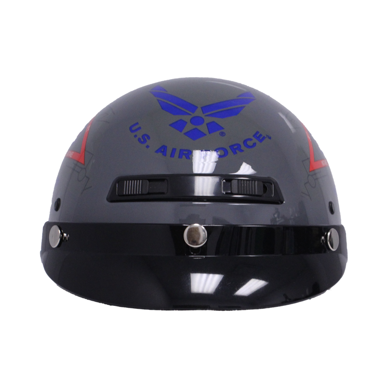 Front view of U.S. Air Force Motorcycle Half Helmet featuring Air Force logo and glossy blue finish.