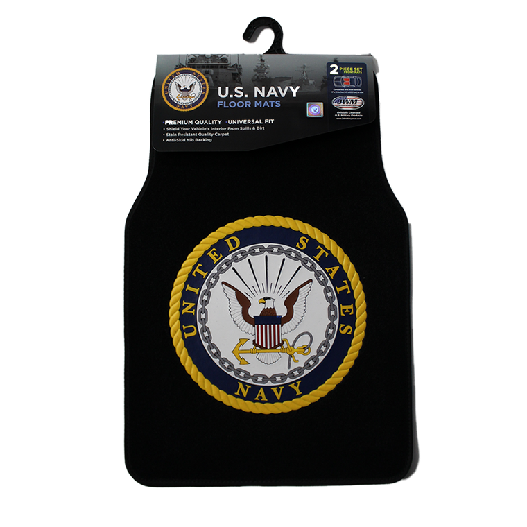 Front view of U.S. Navy Two-Piece Car Floor Mat Set featuring bold embroidered Navy logo and anchor design.