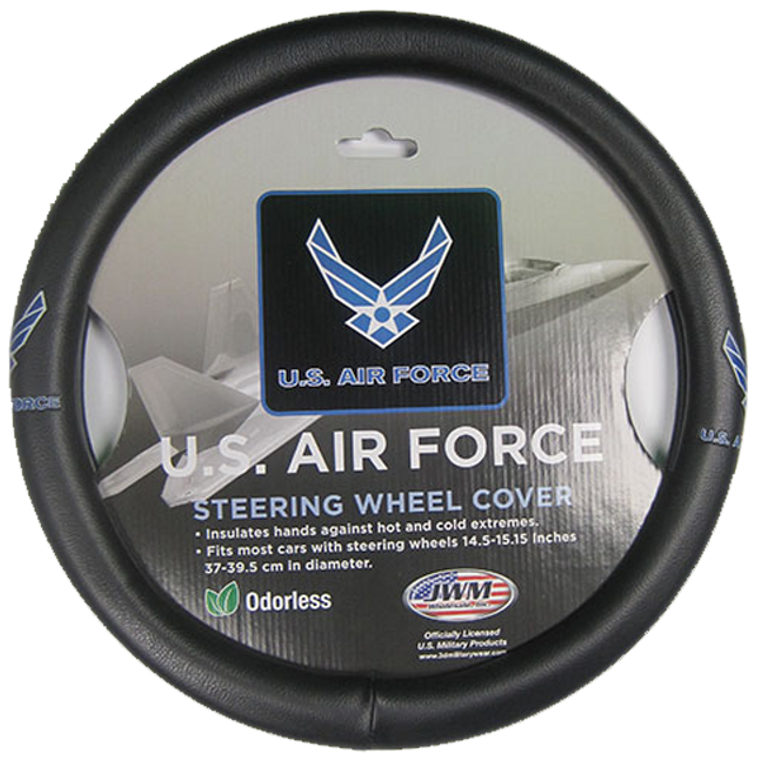 Front view of U.S. Air Force Steering Wheel Cover featuring official Air Force emblem at 2 and 3 o’clock positions.