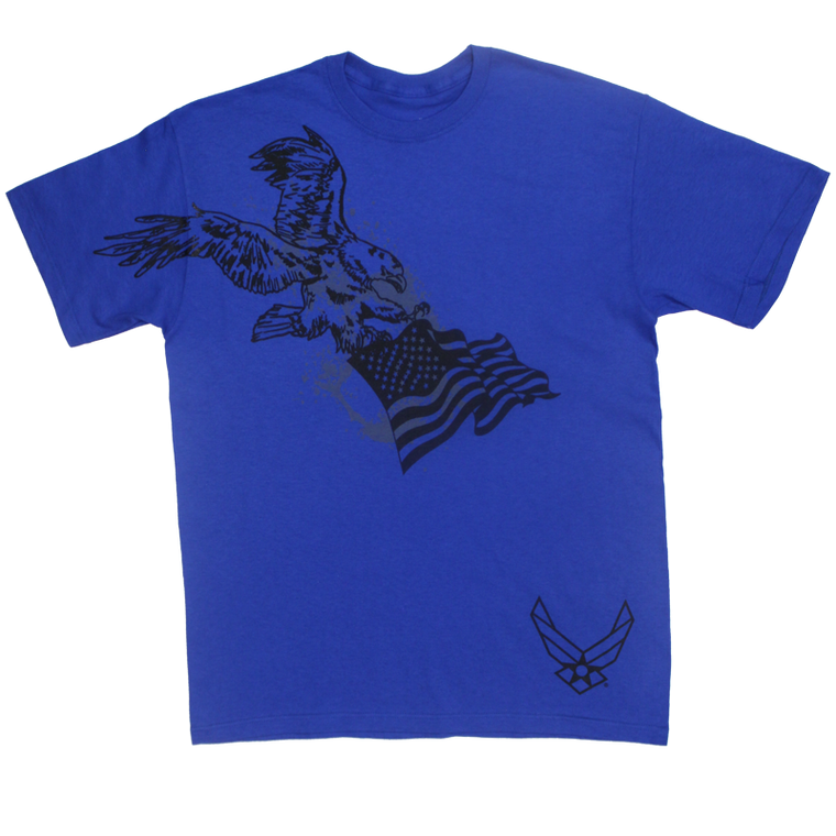 Front view of Made in the USA U.S. Air Force Eagle Flag T-Shirt featuring large eagle and American flag graphic.