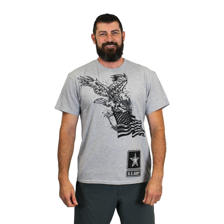 Human model wearing Made in the USA U.S. Army Eagle Flag T-Shirt featuring eagle and American flag graphic with Army logo.