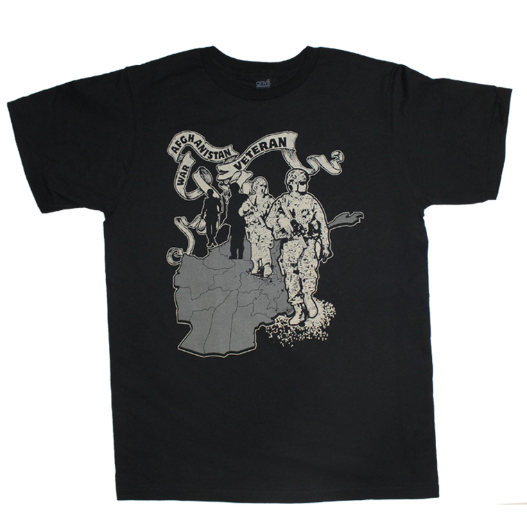 Front view of Afghanistan Veteran Single Color Tee featuring bold printed Afghanistan map and veteran ribbon.
