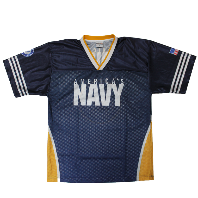 Front view of U.S. Navy Sublimated Football Jersey featuring bold Navy logo and patriotic graphic design.