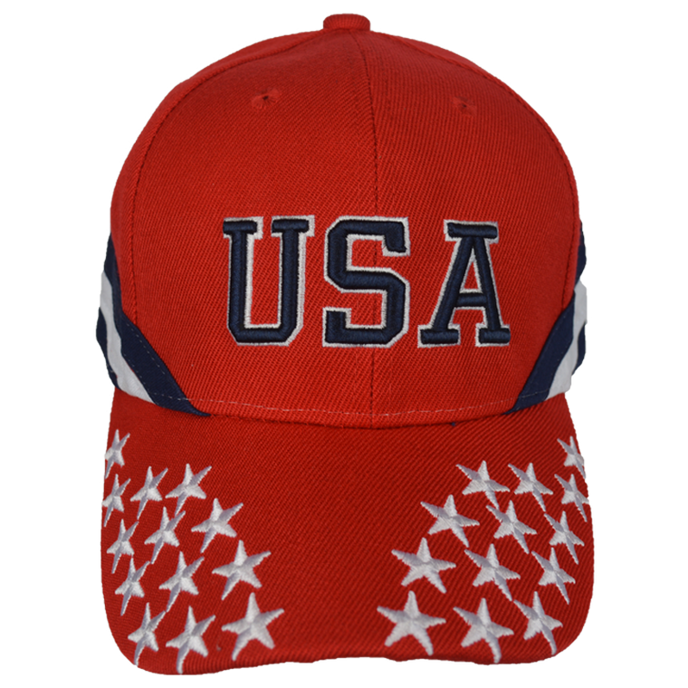 Front view of Red Stars & Stripes Cap with 3D USA embroidery and white stars.