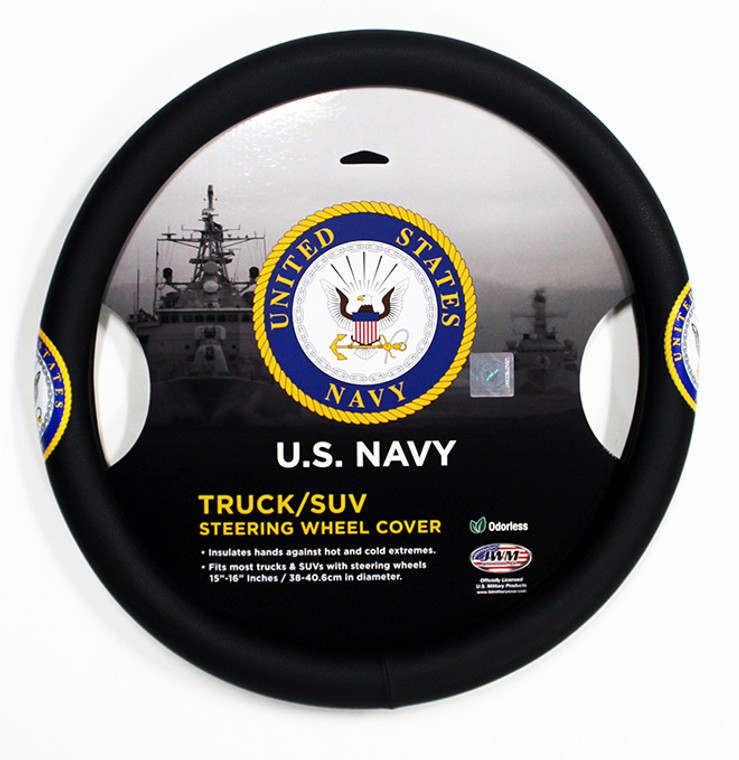 Front image of U.S. Navy steering wheel cover featuring official Navy emblem on durable black rubber.