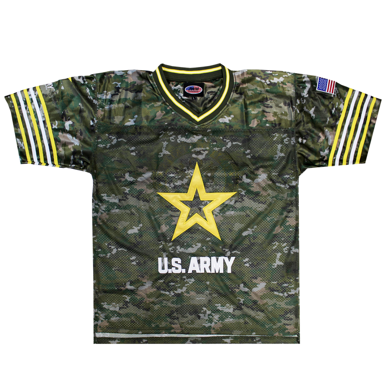 Front view of U.S. Army Digital Camo Embroidered Football Jersey with 3D ‘Army’ embroidery and digital camo design.