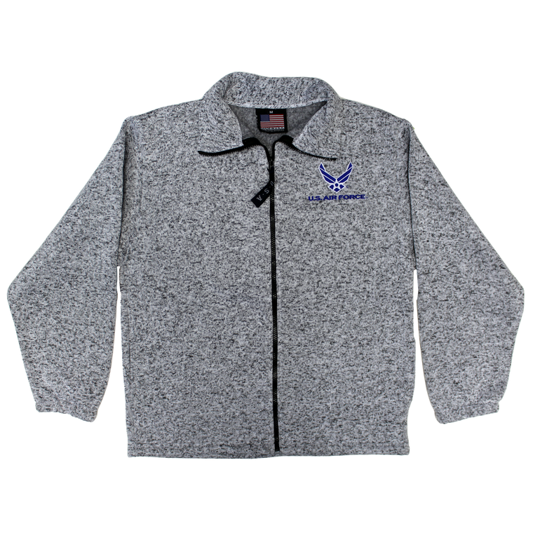 Front view of US Air Force herringbone tweed fleece zip-up jacket featuring embroidered USAF wings logo.