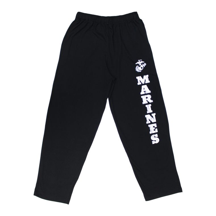 Front view of US Marines black lounge pant featuring vintage Marines script and straight leg design.