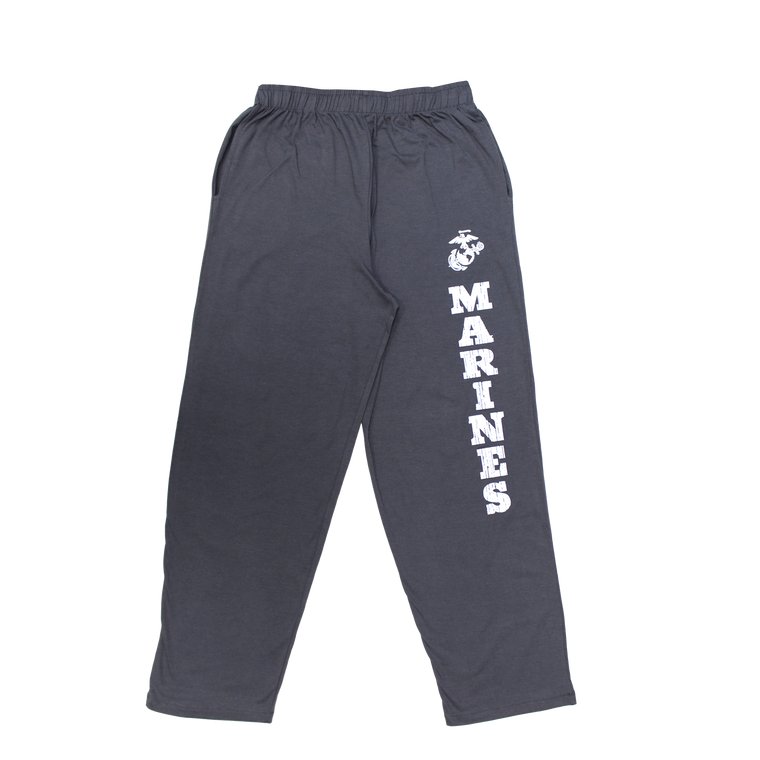 Front view of US Marines Dark Grey Lounge Pants with vintage Marines screen print.
