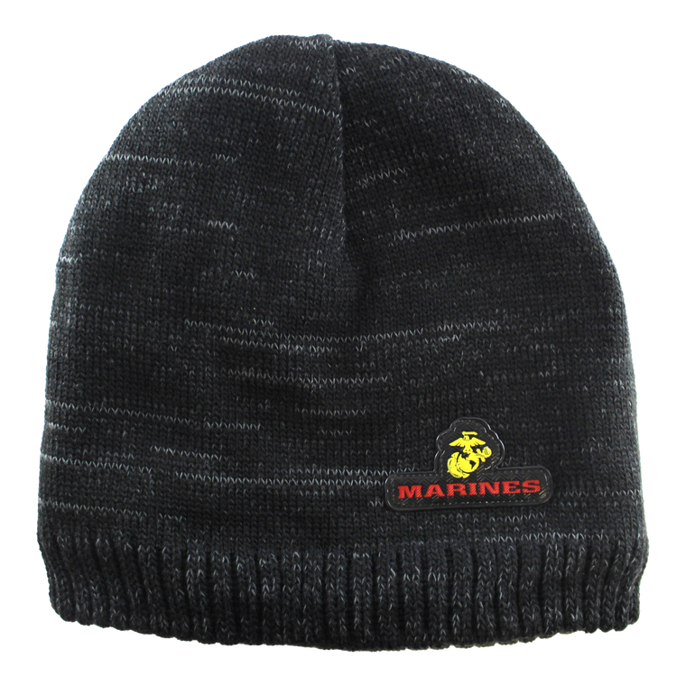 Front view of U.S. Marines Heathered Knit Beanie with embroidered USMC logo on cuff.