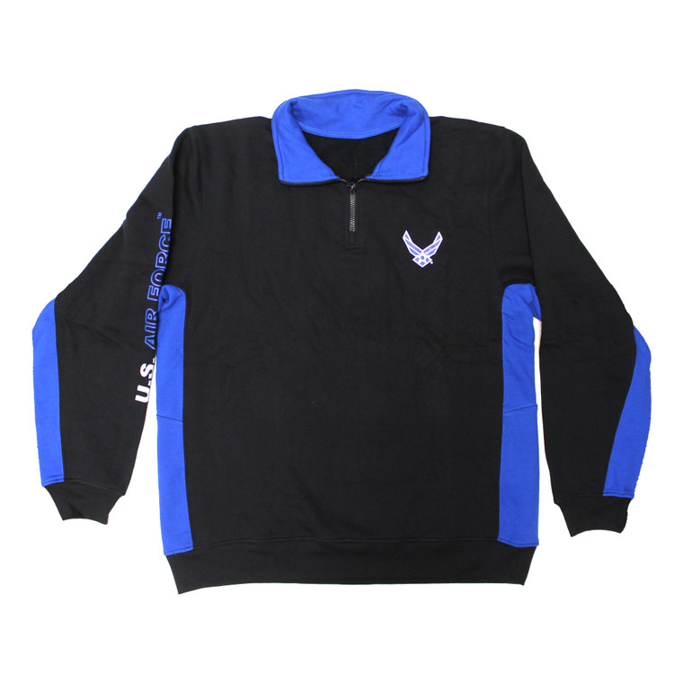 Front view of U.S. Air Force Color Block 1/4 Zip Sweatshirt featuring embroidered USAF emblem on chest.