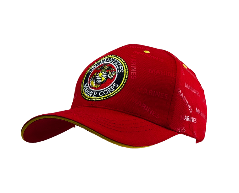 Right side view of red USMC patterned cap highlighting structured panels and bold print.