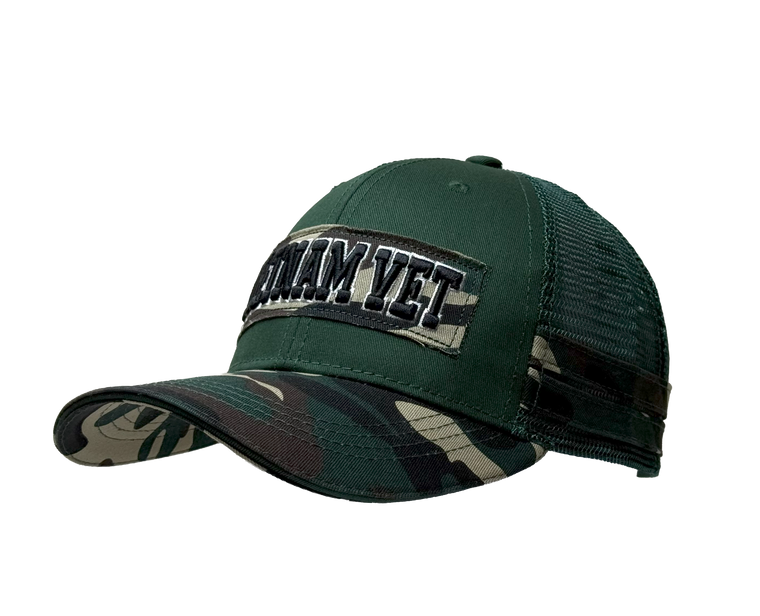 Right side view of Camo Tape Vietnam Vet Hat featuring raised embroidered Vietnam Vet patch and classic camo brim design. Right side view of Camo Tape Vietnam Vet Hat featuring raised embroidered Vietnam Vet patch and classic camo brim design.