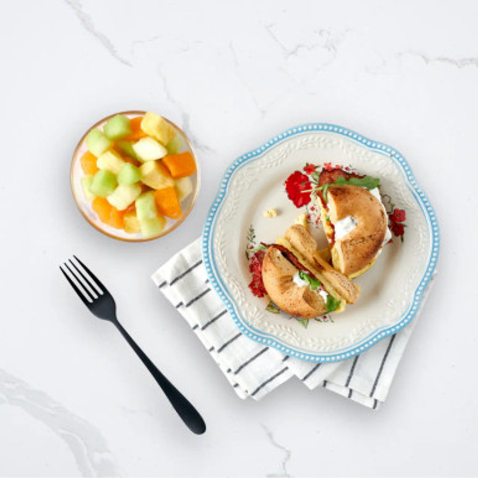 Vegetarian Bacon & Egg Bagel Sandwich with Fruit - Seattle Sutton's Healthy Eating Vegetarian Bacon & Egg Bagel Sandwich with Fruit - Seattle Sutton's Healthy Eating