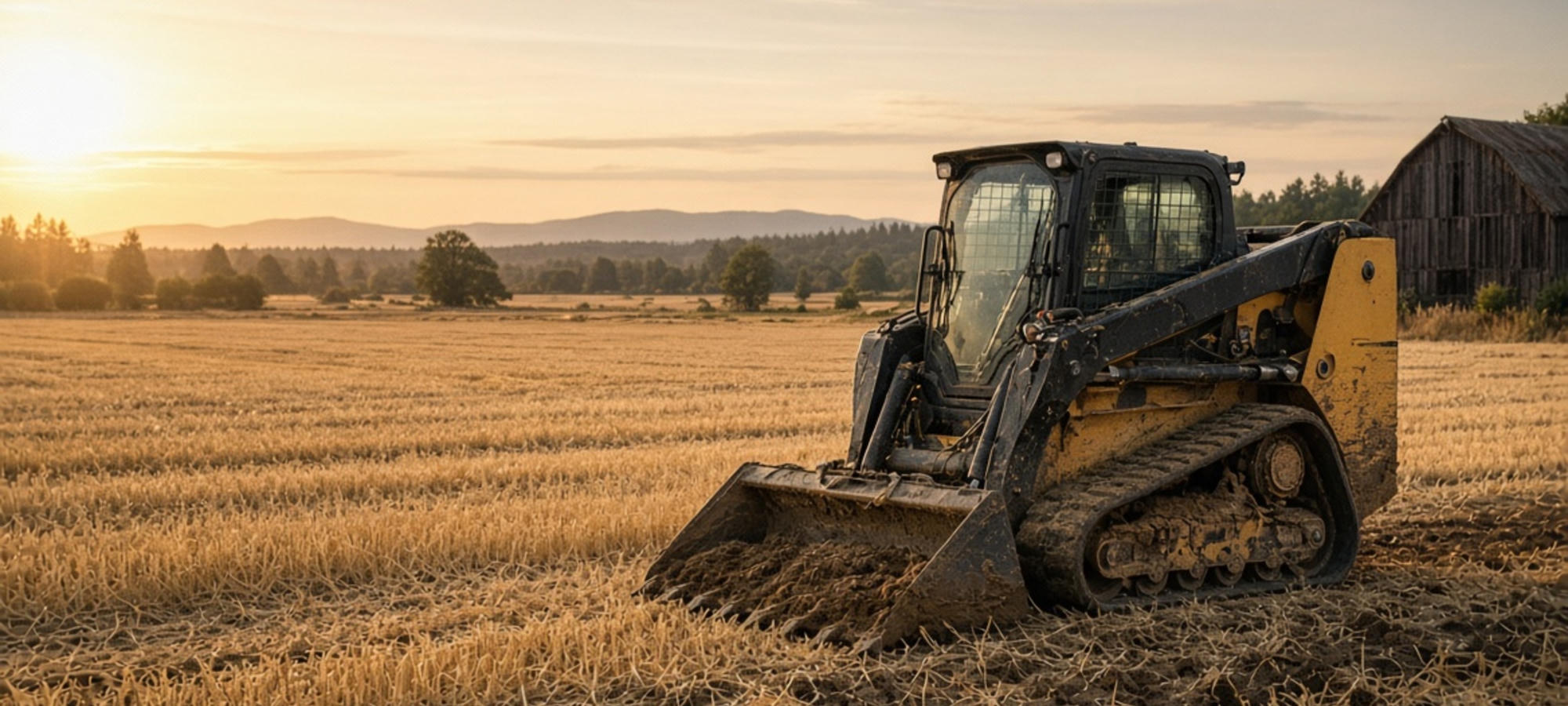 Skid steer with bucket in a field