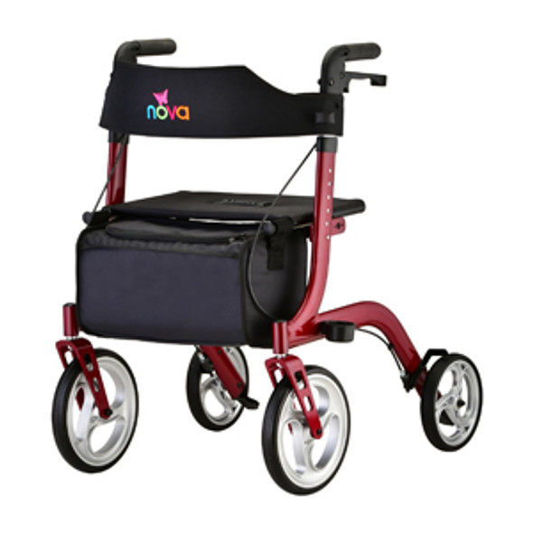 Red Folding Rollator with Cane Holder -  300lb Capacity