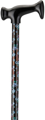 Print Cane-Blue & Pink Flowers On Black
