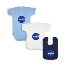NASA White Babywear Bundle - Blue Short Sleeve Bodysuit/ White T-Shirt /Navy Bib NASA White Babywear Bundle - Blue Short Sleeve Bodysuit/ White T-Shirt /Navy Bib