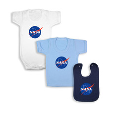 NASA White Babywear Bundle - White Short Sleeve Bodysuit/ Blue T-Shirt/ Navy Bib NASA White Babywear Bundle - White Short Sleeve Bodysuit/ Blue T-Shirt/ Navy Bib
