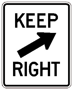 Black and White "Keep Right" sign, 24" x 30", High Intensity Prismatic, Reflective, Arrow pointing right