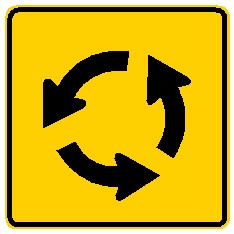 square sign, yellow and black features three arrows forming a circle