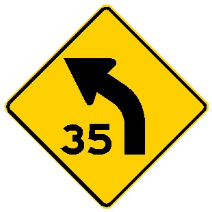 diamond shape, yellow and black sign. features a leftward arrow with a "35"