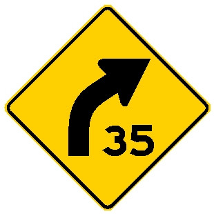 diamond shape, yellow and black sign features a right bent arrow and a "35"