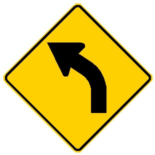 diamond shape, yellow and black sign. features a left turn arrow