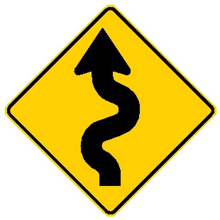 diamond shape, yellow and black, sign features an arrow winding to the left