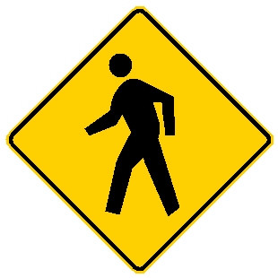 diamond shape, yellow and black sign, shows pedestrian